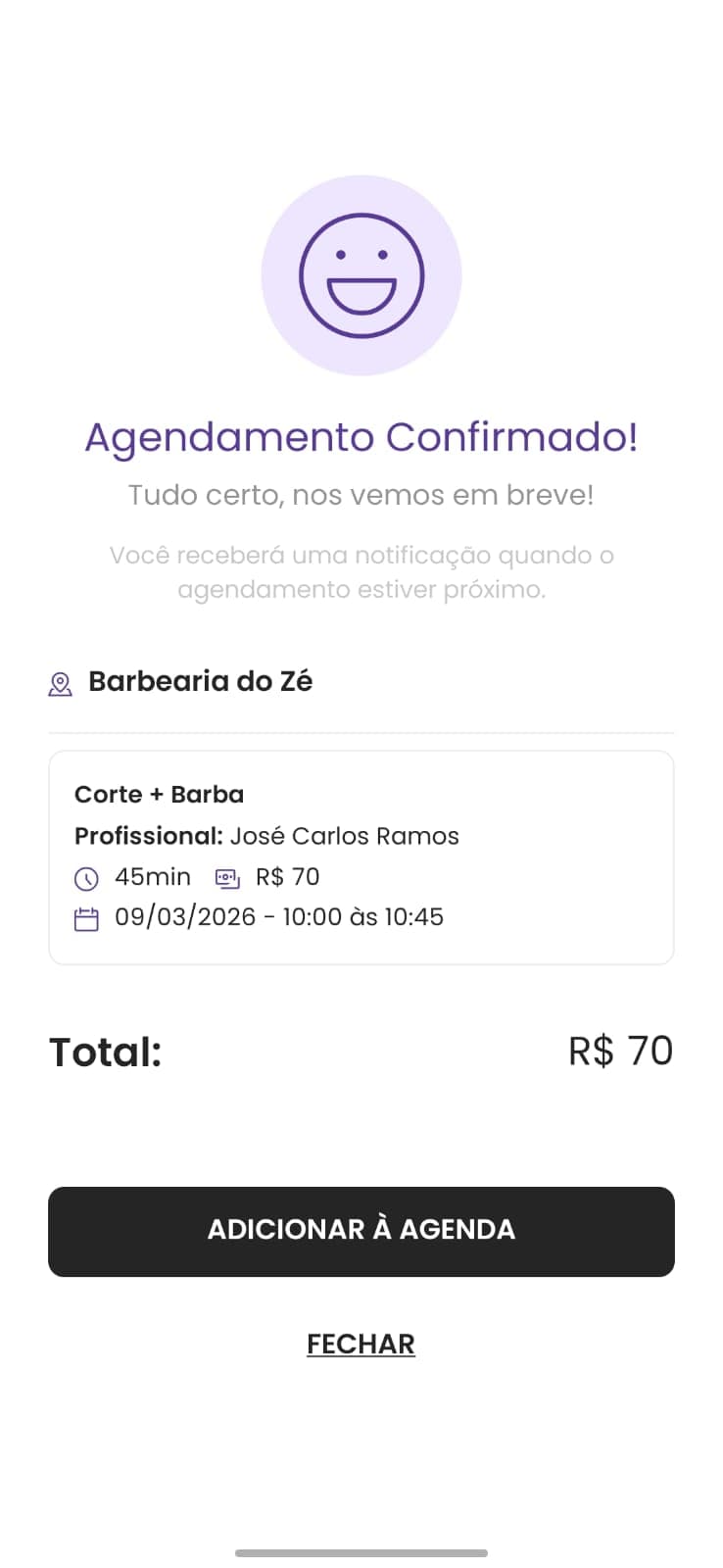 Tela de confirmação