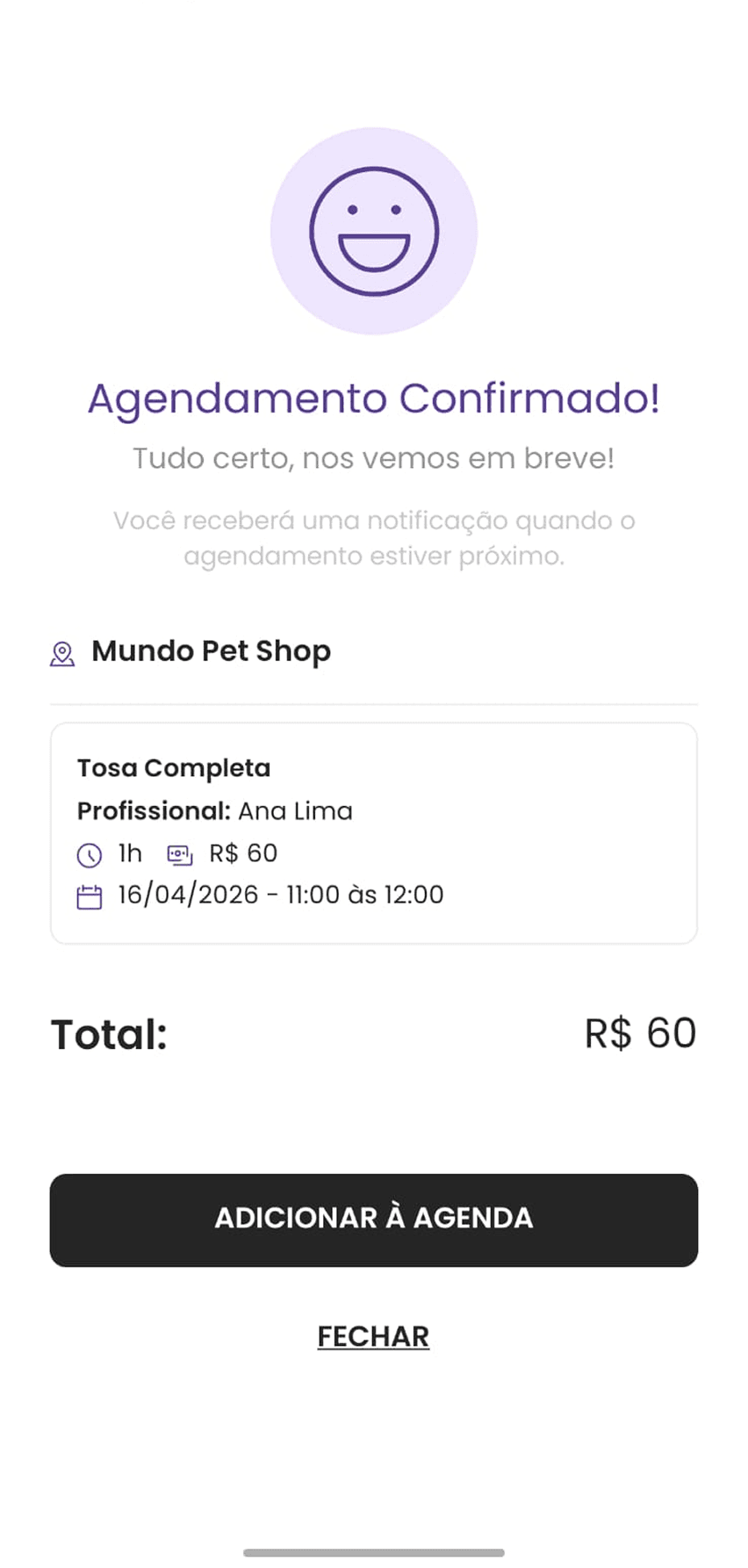 Tela de agendamento confirmado