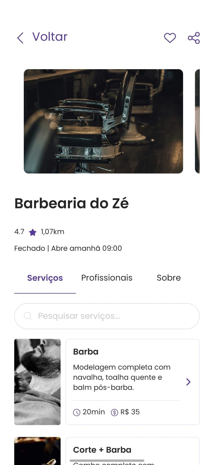 Perfil da empresa no app